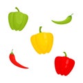 Peppers set icon. Red, yellow and green pepper fresh vegetables. Paprika chili vegetable.